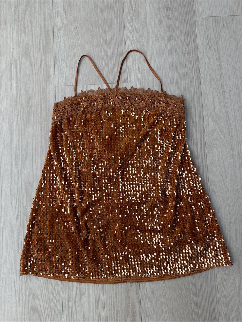 Free People Sequin Velvet Cami Top M/L Brown Bronze Lace Boho Y2K